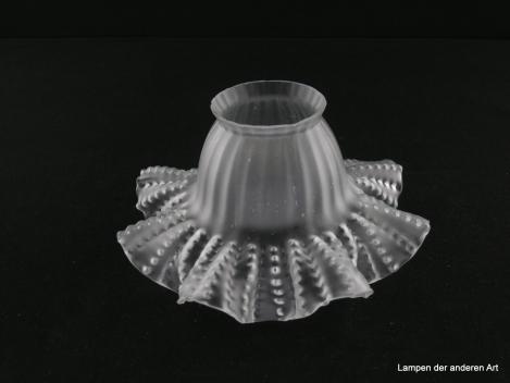 2-er Set Jugendstil Lampenschirm gebraucht, Glas grau satiniert, schwingender Faltensaum gesprenkelt, längsgeriefter Korpus, Nostalgie Ersatzglas für alte Lampen, D: ca. 17cm, H: ca. 9,5cm, Glashalter Griffrand 6cm, einzeln