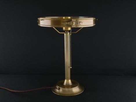 Jugendstil Tischlampe Messing goldbraun für Pilzschirme, Auflagering mit umlaufendem Perlfries und Ornamenten, 1xE27/75W, Zugschalterfassung mit Knotenkette