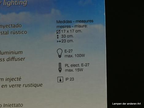 Origialkarton für die Außenleuchte, Detail technische Angaben