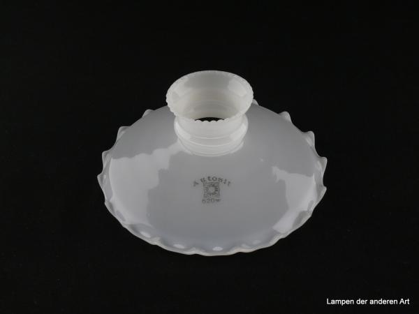 Jugendstil Lampenschirm gebraucht, gemarkt Autosit Schott&Gen. Jena, opal weißer Grund, gezahnter Rand, Nostalgie Ersatzschirm für Gaslampen, D:  ca.17cm, H: ca.7,5cm, Hals innen ca.40mm