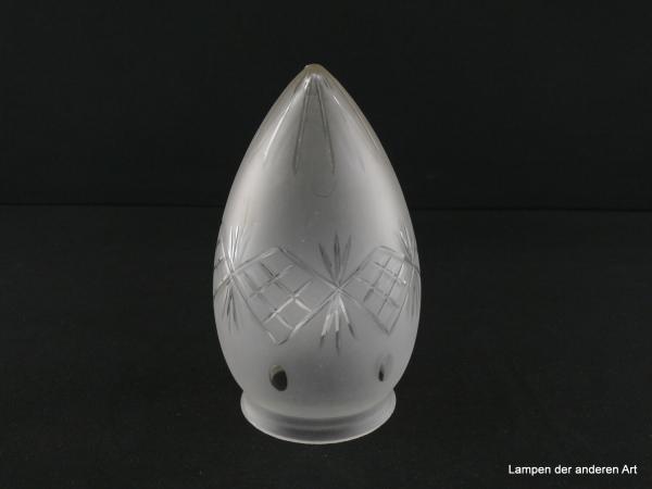 Jugendstil Lampenschirm gebraucht, 3-er Set, Zapfenform, Glas grau satiniert mit Schliffdekor, Zentrum Strahlen, umlaufend Rautenmuster, Oliven, Nostalgieglas, Ersatzschirm, D:  ca. 9cm, H: ca. 17cm, Glashalter Griffrand 8cm, einzeln