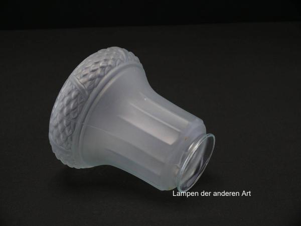 Jugendstil Lampenschirm gebraucht, Glas satiniert, zylindrischer Körper, zart gekantet, aufgeworfener Blätterrand, gewölbt, Nostalgieglas, antiker Ersatzschirm, D:  ca. 12cm, H: ca.13cm, Glashalter Griffrand 6cm, liegend