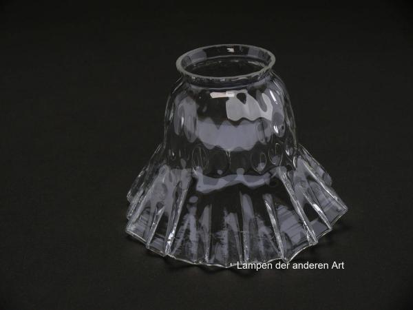 Jugendstil Lampenschirm gebraucht, Klarglas, glänzend, zylindrisches Oberteil, kantig ausgestellter Rand, Nostalgieglas, antiker Ersatzschirm, D:  ca. 14cm, H: ca.10cm, Glashalter Griffrand 6cm