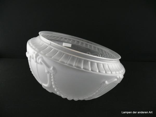 Jugendstil Lampenschirm gebraucht, Glas, satinierte Oberfläche, reliefiert verziert, teils mit Perlenbändern und ovalen Ornamenten, Kuppelschirm, Nostalgie Ersatzschirm D: 30cm, H: 18cm, Glashalter Griffrand 25cm, von unten