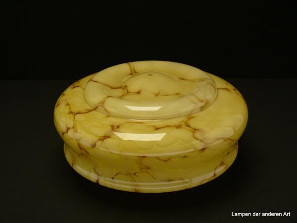 Art Deco Lampenschirm gebraucht, Glas geschlossen, antik, gelber Grund, mit brauner Marmorierung durchzogen, glatte glänzende Oberfläche, gestufte Wandung, Nostalgie Ersatzglas D: ca.28cm, H: ca.15cm, Glashalter Griffrand 10cm, Unterseite mit Loch Bohrung