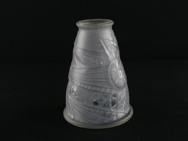 Jugendstil Lampenschirm gebraucht, Pressglas, tütenförmig, Wulst als Abschlussrand, umlaufend in diversen Mustern reliefiert, Nostalgie Ersatzschirm D: 11cm, H: 14cm, Glashalter Griffrand 6cm