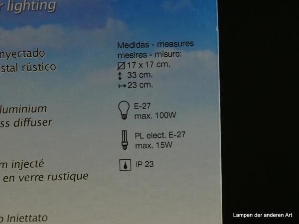 Origialkarton für die Außenleuchte, Detail technische Angaben